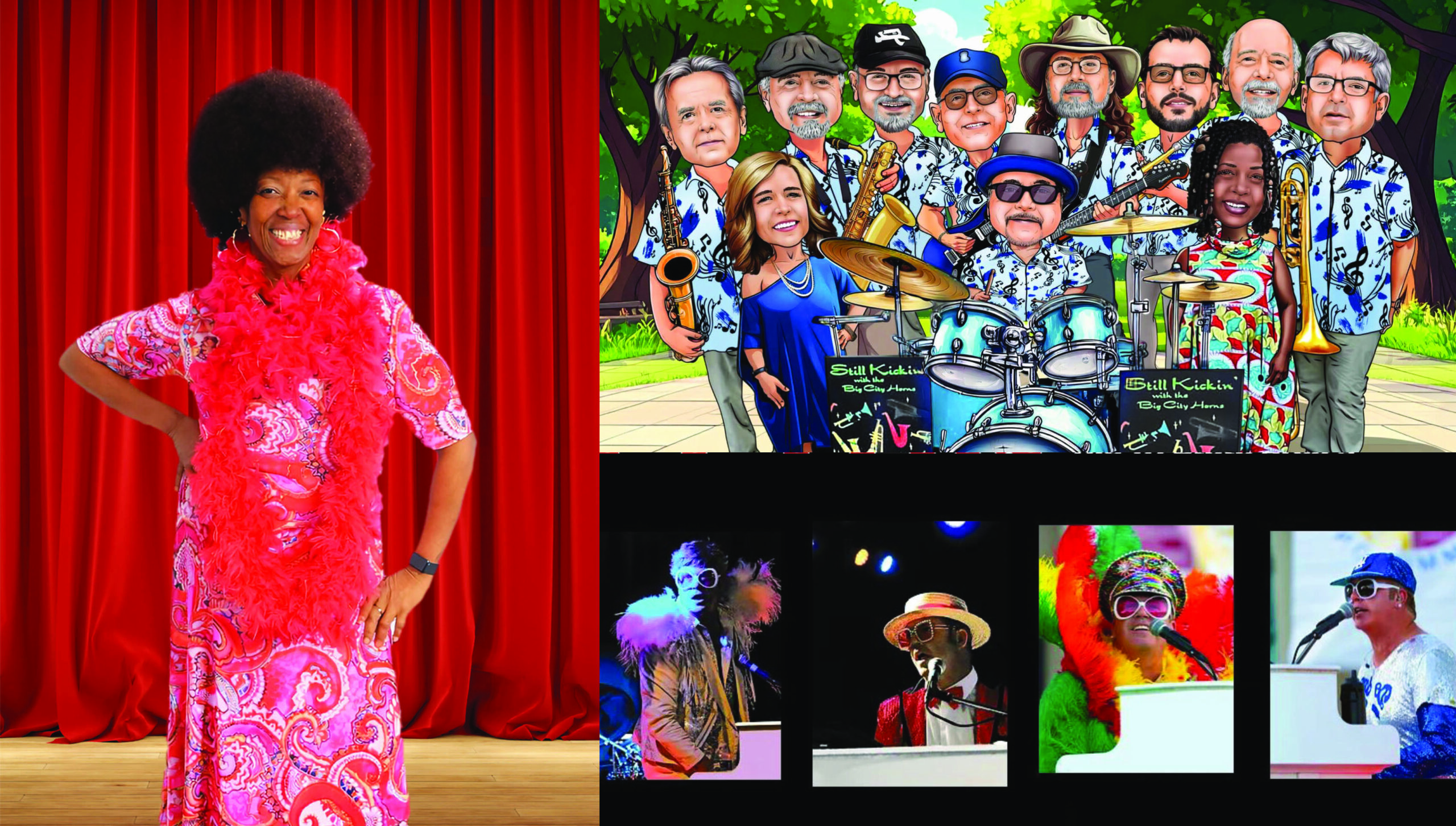 Smiling woman in a pink paisley dress and feather boa stands on a red-curtained stage beside a large colorful cartoon band mural on the right.