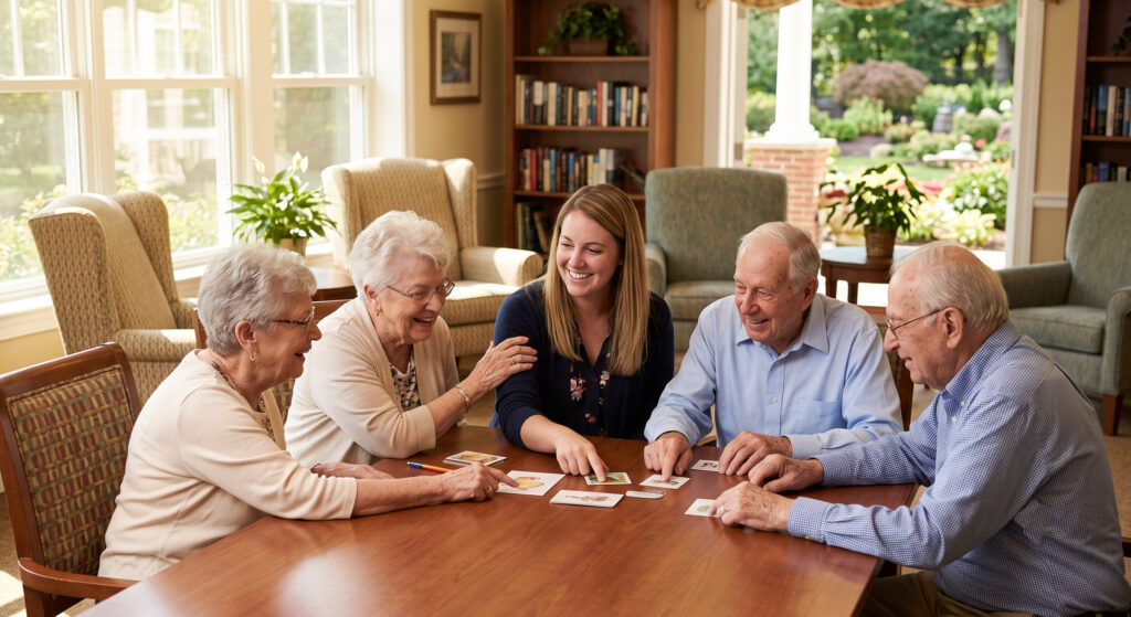 Five adults sit around a wooden table, smiling as they play cards in a bright living room with windows and a bookcase.