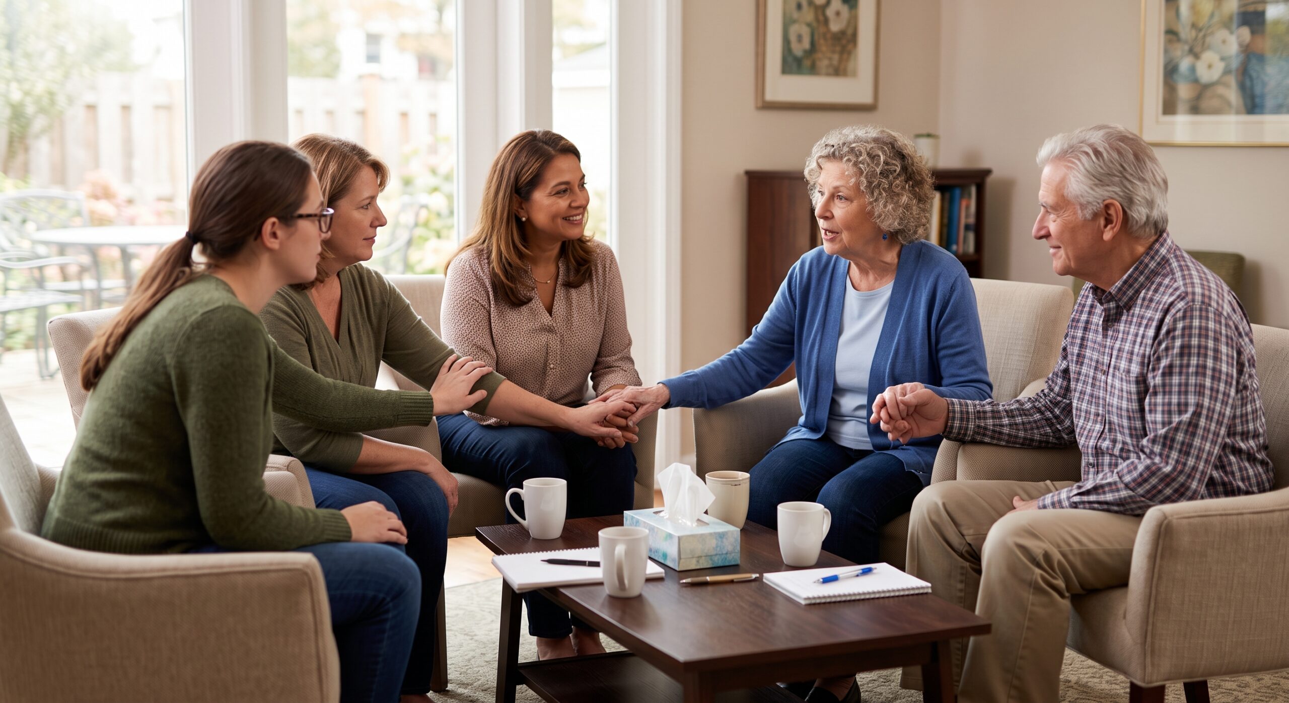 Five adults sit in a living room forming a circle, holding hands and smiling during a supportive group discussion.