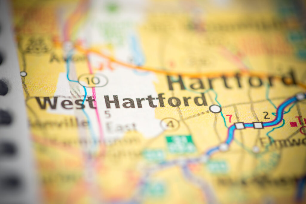 Close-up map section showing Hartford and West Hartford with colored highways and roads.